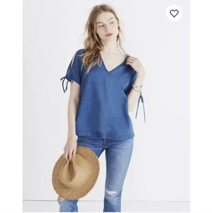 Madewell Indigo Cotton V-Neck Tie Open Shoulder Short Sleeve Blouse Size Small